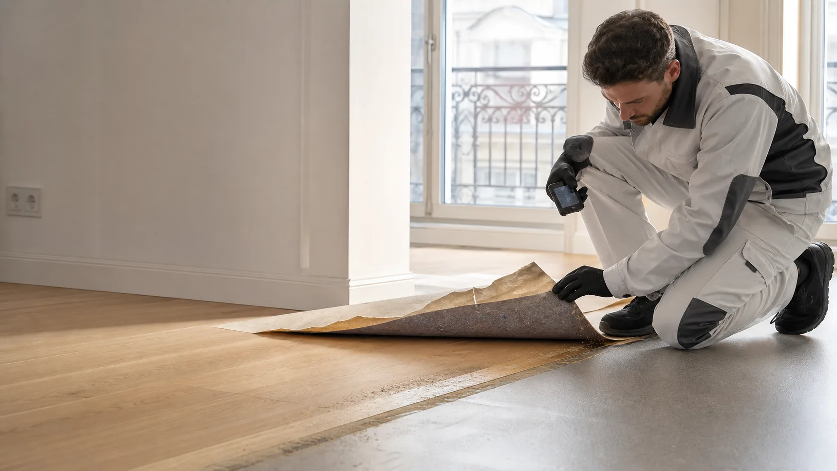 Fachkraft hebt in einer renovierten Wohnung Schutzpapier und Vlies an und dokumentiert Staub sowie Kleberand am neuen Boden